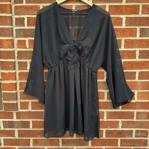 Sheer Flowy Babydoll Tunic Top LG/XL Black Bell Sleeves 3D Flower Fairy Goth